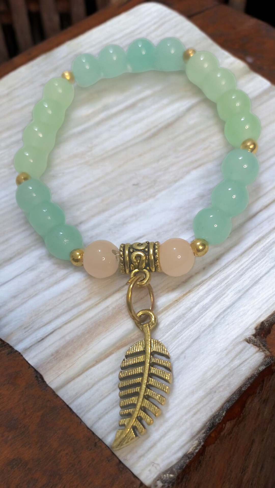 Leaf Charm Green Beads Designer Bracelet