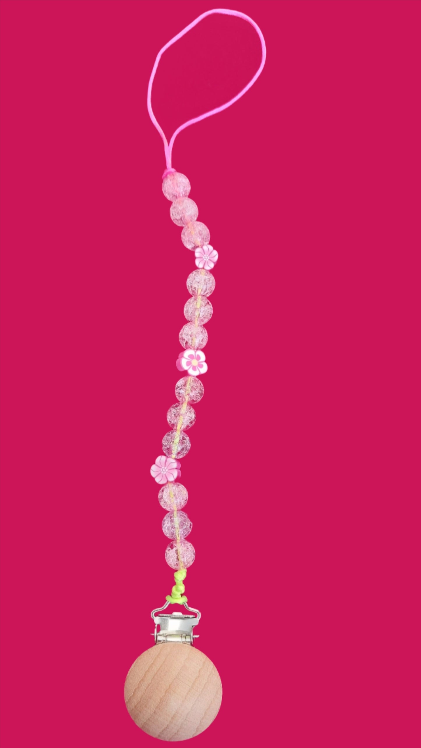 Pink Flower Pink Crystal Beads Pacifier Clip