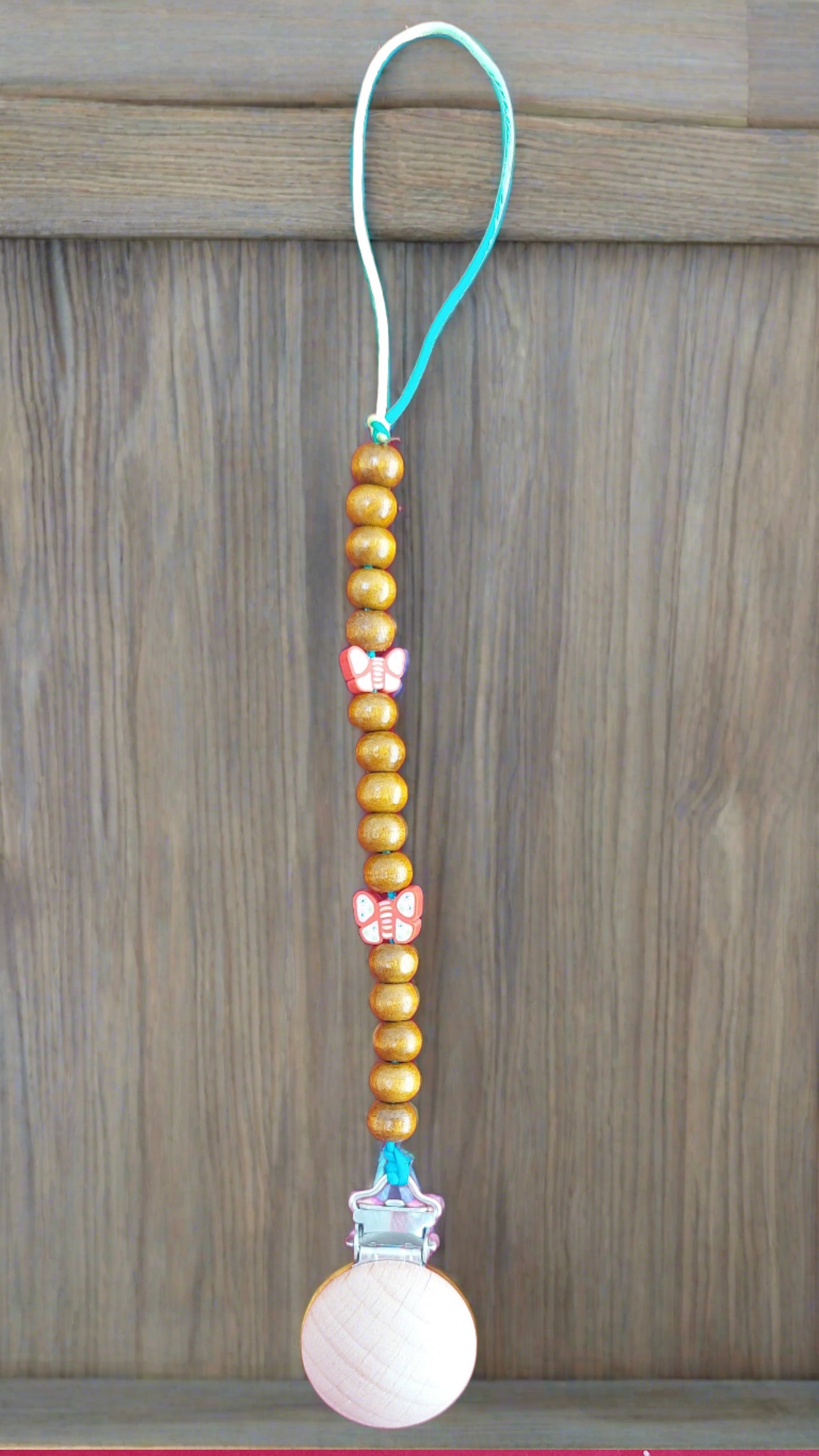 Red Butterfly Wooden Beads Pacifier Clip