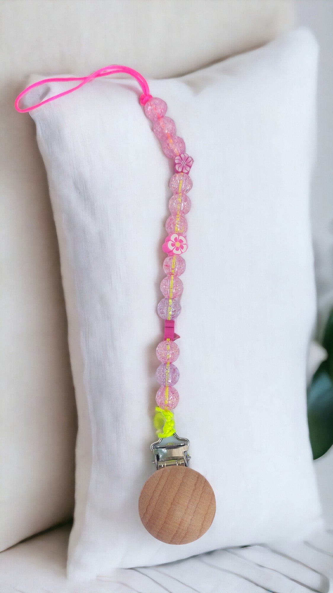 Pink Crystal Beads Pacifier Clip