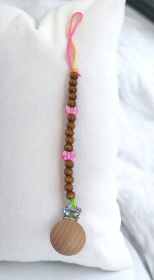 Pink Butterfly Wooden Beads Pacifier Clip