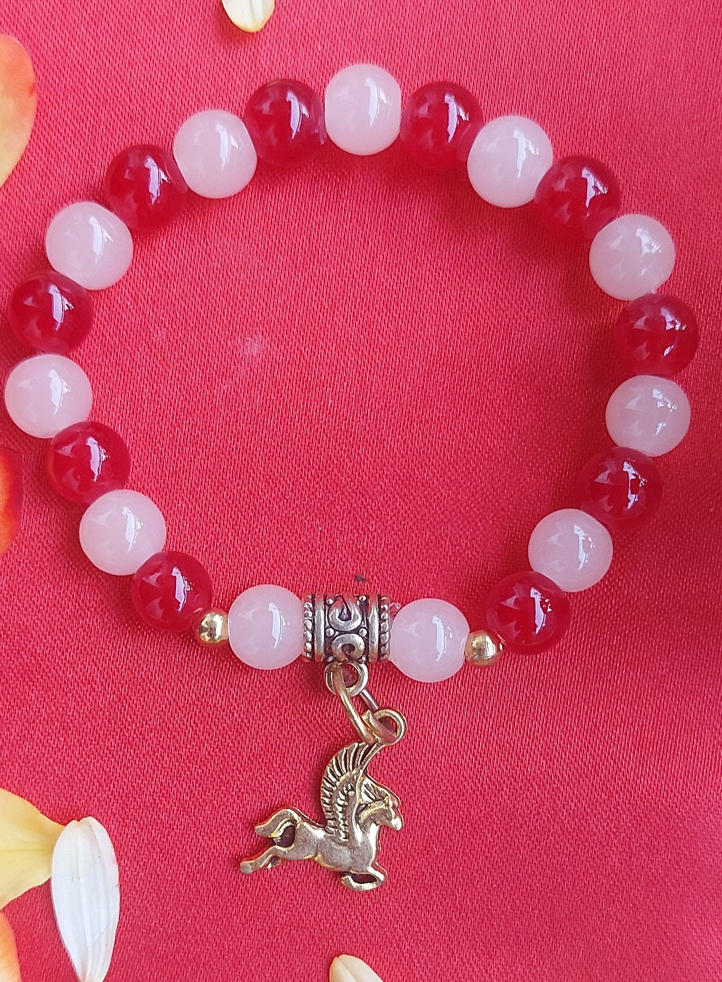 Unicorn Charm Red Cream Beads Designer Bracelet