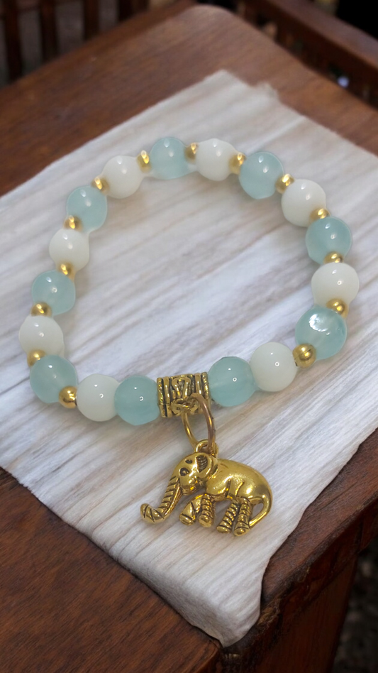 Elephant Charm White Blue Beads Designer Bracelet