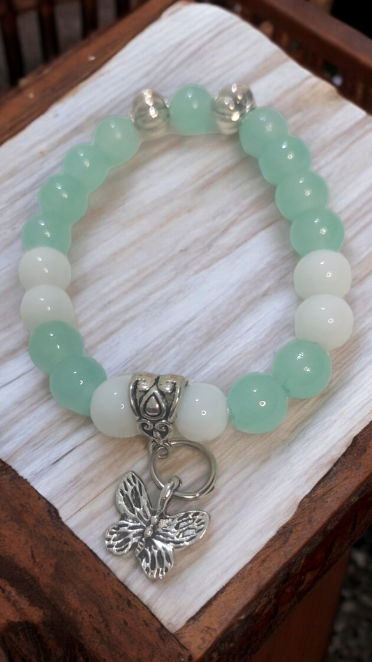 Butterfly Charm Green White Beads Designer Bracelet