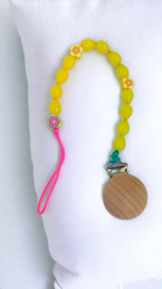 Yellow Flower Yellow Acrylic Beads Pacifier Clip