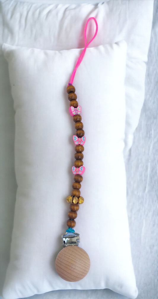 Pink Butterfly Wooden Beads Pacifier Clip