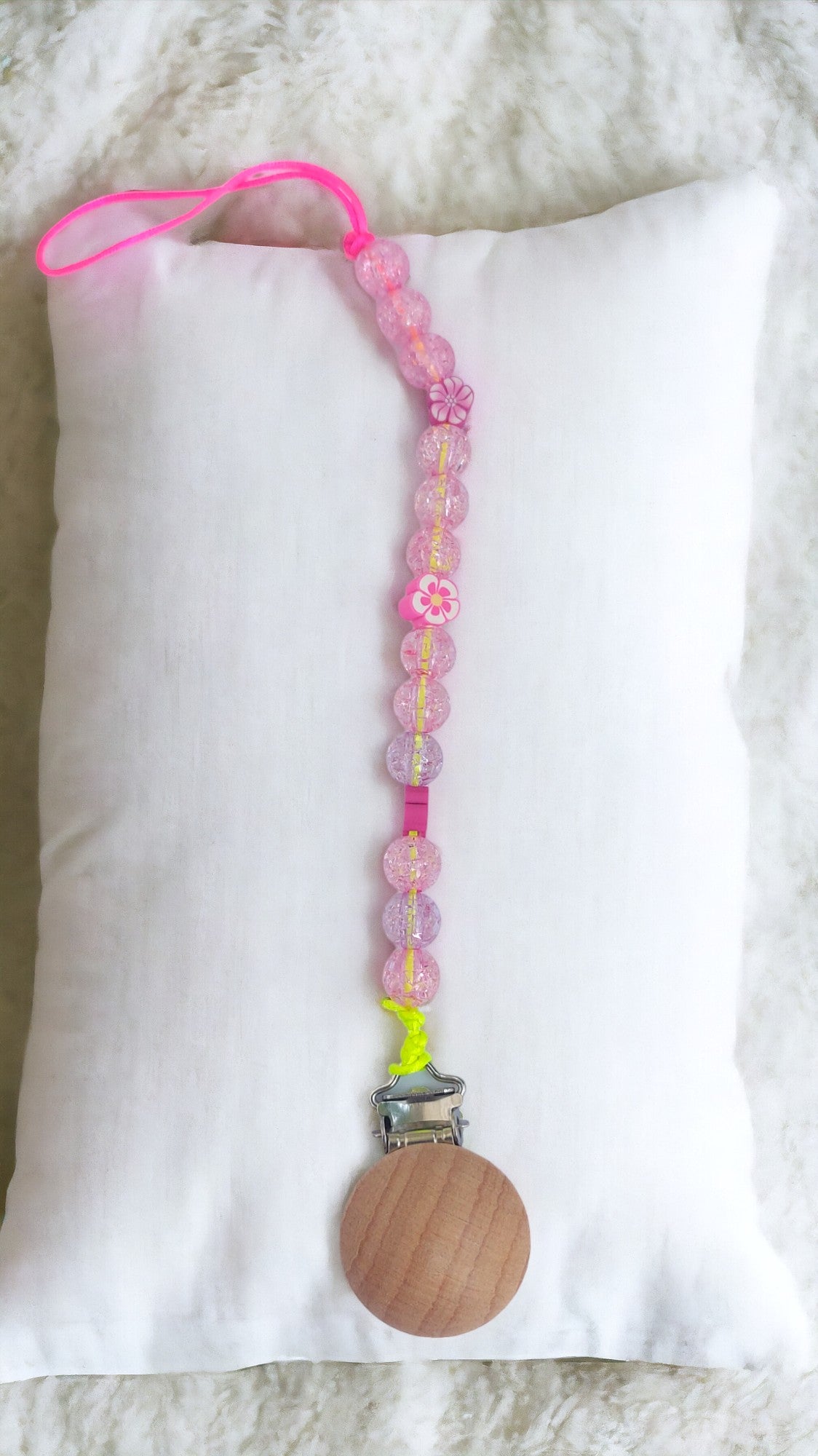 Pink Flower Pink Crystal Beads Pacifier Clip