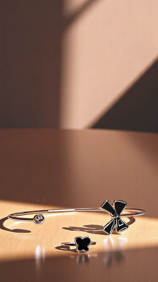 🎀 Korean Black Bow Braclet and Ring Combo ✨