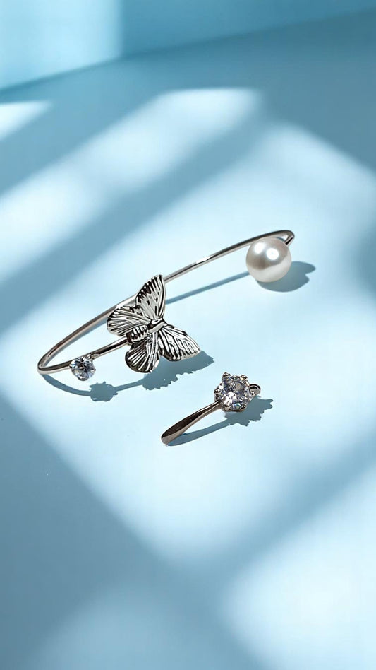 🦋 Whispers of Spring – Silver Butterfly Bracelet & Ring Combo 🦋